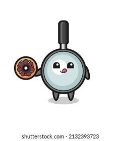illustration of an magnifying glass character eating a doughnut , cute style design for t shirt, sticker, logo element