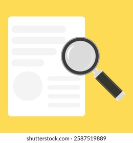 Illustration of a magnifying glass with a document on a yellow background