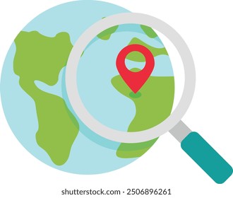 Illustration of magnifying glass focusing on red location pin over simplified Earth map highlighting continents.