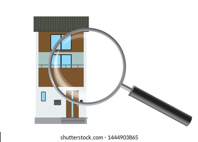 Illustration of a magnifying glass and a house. Illustration of an image of a house inspection, assessment