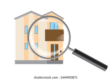 Illustration of a magnifying glass and a house. Illustration of an image of a house inspection, assessment