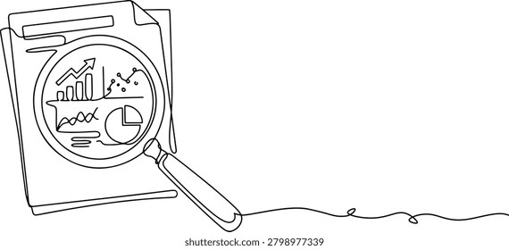 Illustration of magnifying glass over a document, data analysis symbol, hand drawn outline vector illustration.