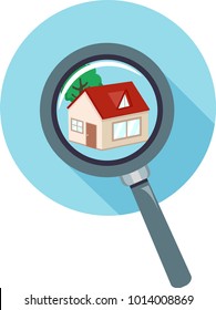 Illustration of a Magnifying Glass Over a House Icon for Searching a New Home