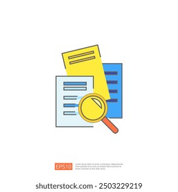Illustration einer Lupe auf einem Stapel von Dokumenten, die Forschung und Analyse darstellt.