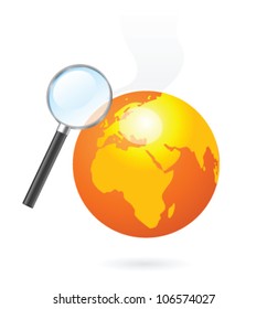 Illustration of a magnifying glass while heating the earth globe by sun heat, environment concept