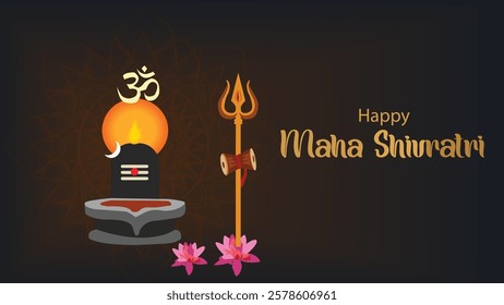 Illustration for Maha Shivratri featuring the sacred Shiva Lingam with the Om symbol, trident, and lotus flowers, symbolizing divine energy and spirituality