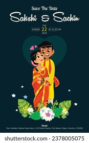 Illustration of Maharashtrian Couple Wedding Invitation Card Template With Hindu Couple And Event Details. 