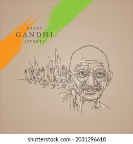 Illustration of Mahatma Gandhi with freedom fighters in the background.

