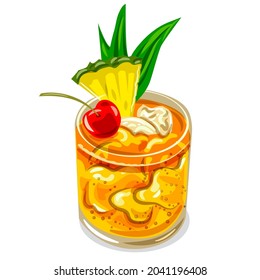 Illustration of the Mai Tai cocktail with ice, cherry and pineapple