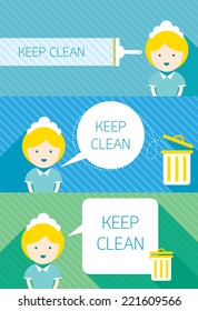 Illustration : Maid, Housekeeper, show Keep Clean Sign