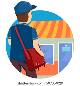 Illustration Of A Mail Man With A Satchel Going To The Store