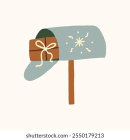 Illustration of a mailbox with a wrapped gift inside. Vector hand drawn illustration in freehand style