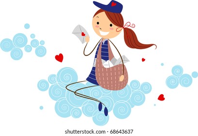 Ilustración de una Mailwoman portando una carta de amor