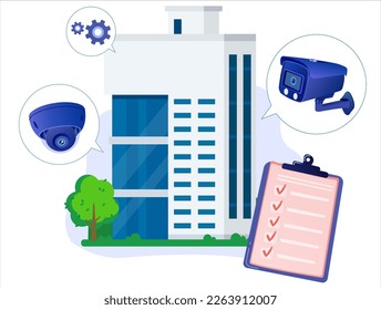 Illustration of maintaining a security camera system in a building. CCTV upgrade concept in office building. Suitable for web, icon, security system products.