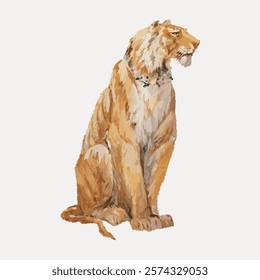 Illustration of a majestic lion with a floral crown. The lion sits proudly, showcasing its regal presence. The floral crown adds a touch of elegance. Isolated vintage art illustration vector element.