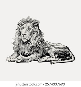 Illustration of a majestic lion. The lion, with a flowing mane, is depicted in a regal pose. This lion artwork captures the essence of the lion's strength. Vintage art drawing illustration vector.