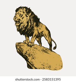 Illustration of a majestic lion standing on a rock. The lion's mane is detailed, emphasizing its regal presence. The lion exudes strength and power. Vintage animal illustration vector.