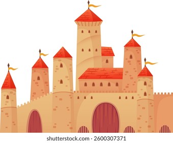 Illustration of a majestic medieval castle with red roof, towers, flags waving in the wind, high walls and a large wooden gate, isolated on white background