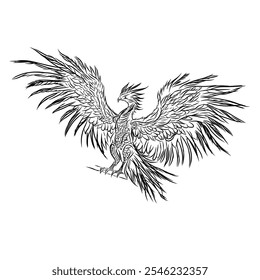 Una ilustración de un fénix majestuoso en un detallado estilo de incrustaciones en blanco y negro. Este pájaro legendario se representa con sus alas extendidas y plumas que se asemejan a un fuego ardiente.