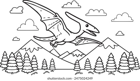 Illustration of a majestic Pterodactyl soaring above prehistoric landscapes. Ideal for coloring books, adding educational fun to children’s dinosaur-themed activities