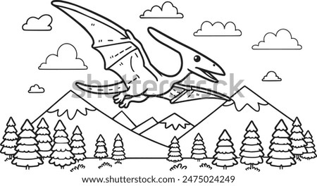 Illustration of a majestic Pterodactyl soaring above prehistoric landscapes. Ideal for coloring books, adding educational fun to children’s dinosaur-themed activities