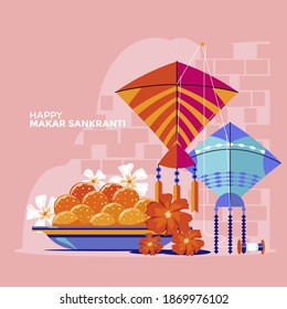 Illustration of Makar Sankranti with colorful kite and laddu cake for festival of India