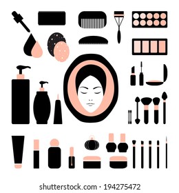 Illustration of makeup and skin care collection icon with pink and black theme. vector.