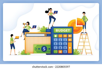 illustration of making budgeting and financial spending planning with accounting calculator software. design can be used for landing page, startup apps, web page, ads