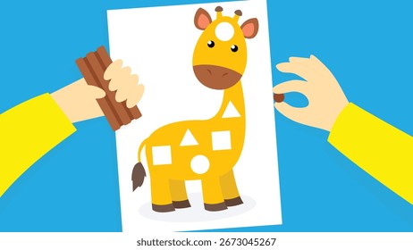 Ilustración de hacer una jirafa en un pedazo de papel y de plastilina