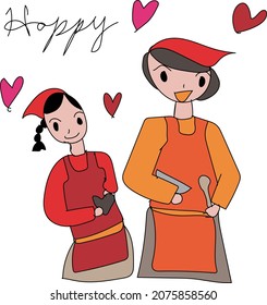 Illustration of making handmade Valentine's chocolate with parents and children