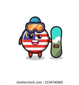 Illustration of malaysia flag badge character with snowboarding style , cute style design for t shirt, sticker, logo element