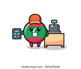 Illustration of maldives flag badge character as a cashier , cute design