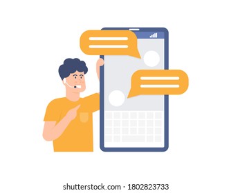 illustration of a male admin or customer service listening or reading messages from customers on a smartphone. help center, customer guide, problem and solution chat. flat style. UI design elements