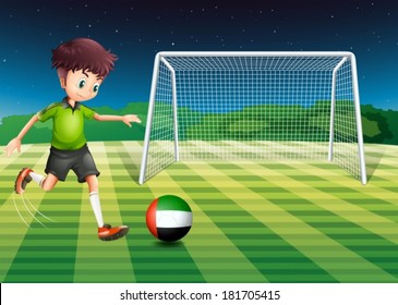 Illustration of a male athlete kicking the ball with the flag of the United Arab Emirates
