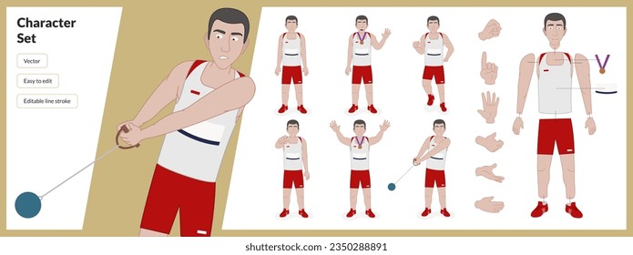 Illustration of male athlete with medal in a set of multiple poses. Easy to edit with editable line strokes and isolated on white background. Suitable for animation. AthleticSpirit.