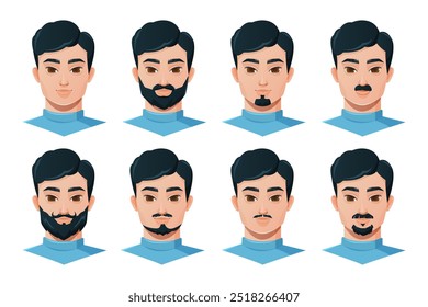 Ilustração de avatares masculinos mostrando diferentes estilos de pelos faciais, incluindo barbas, bigodes e cavanhaque. Ideal para conceitos de barbearia, preparação ou design de personagens.