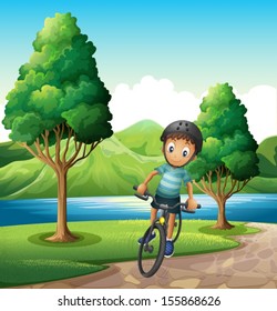 Illustration of a male biker biking near the river