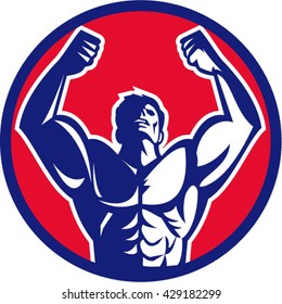 Illustration of a male body builder flexing muscles looking up viewed from front set inside circle on isolated background done in retro style. 