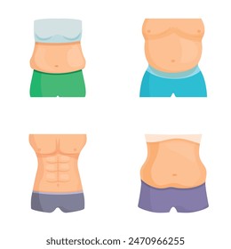 Illustration of male body transformation stages with weight loss and muscle gain. Showing different torso types. Flat design vector illustration for fitness journey. Health