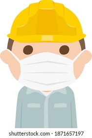Illustration of a male builder. A man wearing a mask to prevent the spread of infection.