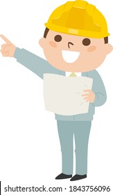 Ilustración de un constructor masculino. Ropa de trabajo y casco. Un joven que enseña con un plan.
