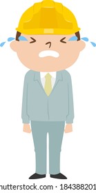 Illustration of a male builder. Work clothes and helmet. The man is crying.