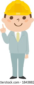 Ilustración de un constructor masculino. Ropa de trabajo y casco. Un hombre que usa sus dedos para enseñar puntos.