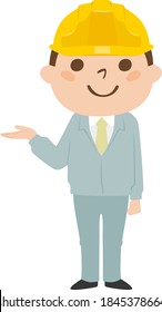 Illustration of a male builder. Work clothes and helmet. An illustration that a man guides by hand.