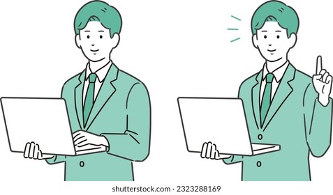 Illustration of male business worker holding a laptop