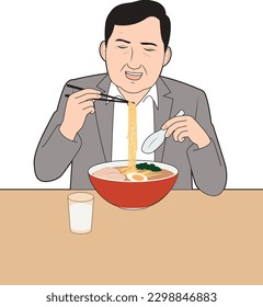 Illustration of a male businessman eating ramen