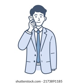 Illustration of a male businessman in his twenties making a phone call on his smartphone
