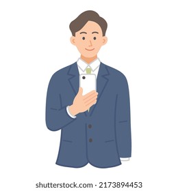 Illustration of a male businessman in his twenties looking at the screen of a smartphone