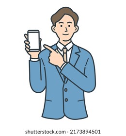 Illustration of a male businessman in his twenties pointing at the screen of a smartphone with his index finger