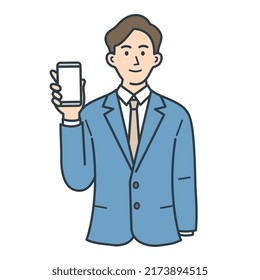 Illustration of a male businessman in his twenties looking at the front and holding a smartphone